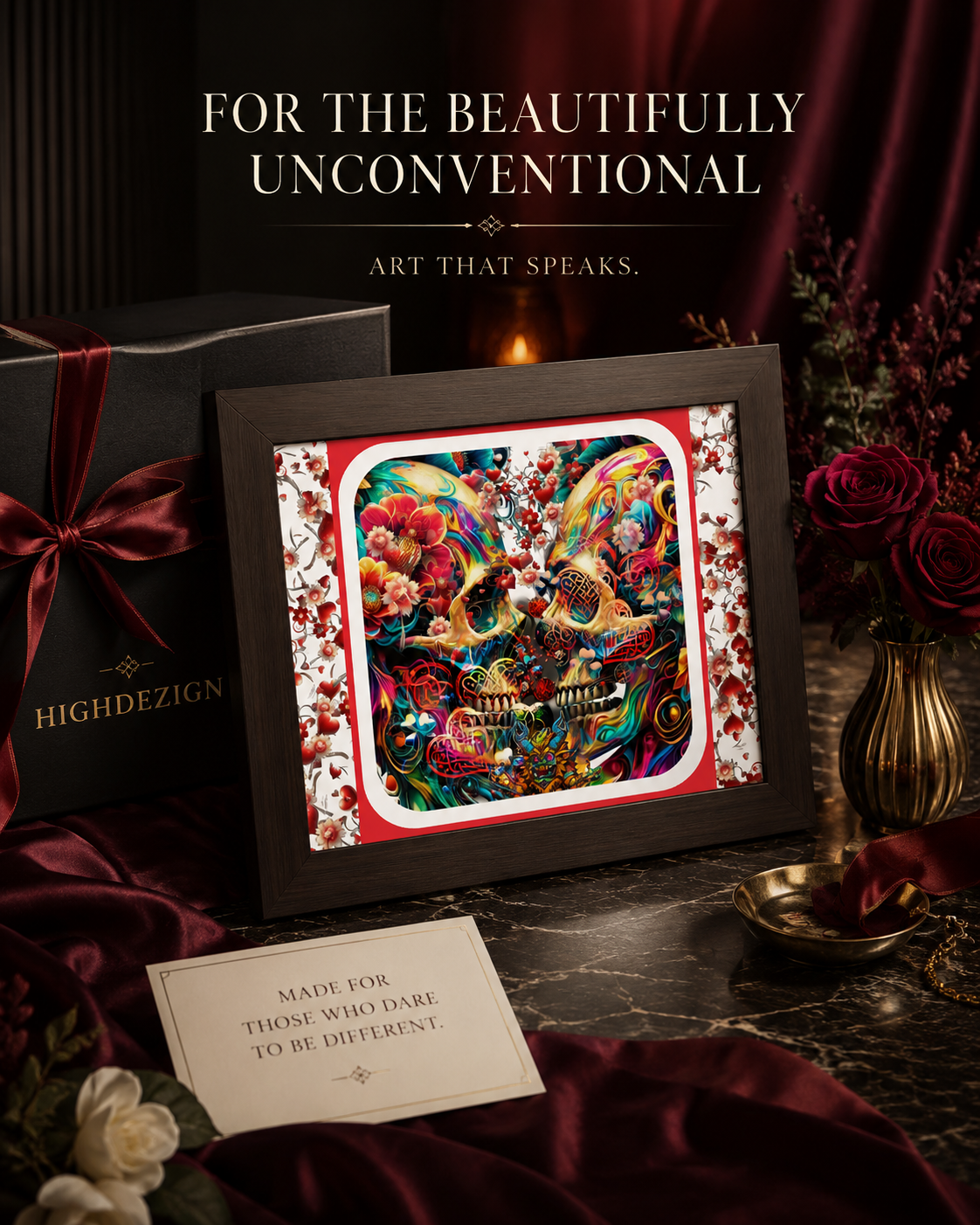 A framed colorful floral sugar skull artwork displayed on a dark marble surface with draped burgundy fabric, a black gift box labeled HIGHDEZIGN, flowers, and decorative props. Text at the top reads 'FOR THE BEAUTIFULLY UNCONVENTIONAL ART THAT SPEAKS.