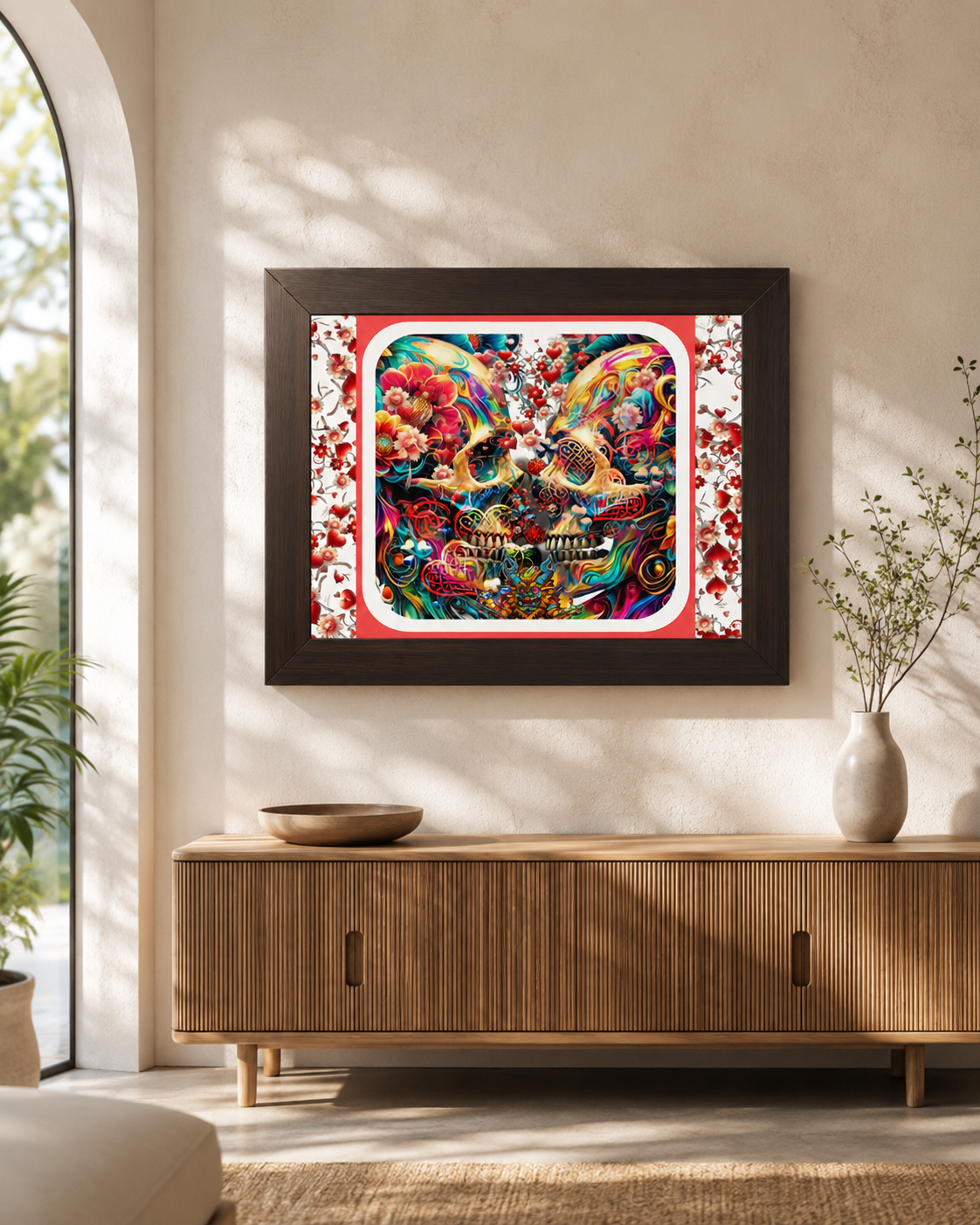 A framed colorful skull artwork hangs on a beige wall above a wooden console table in a styled interior with a vase, bowl, plant, and soft natural shadows.