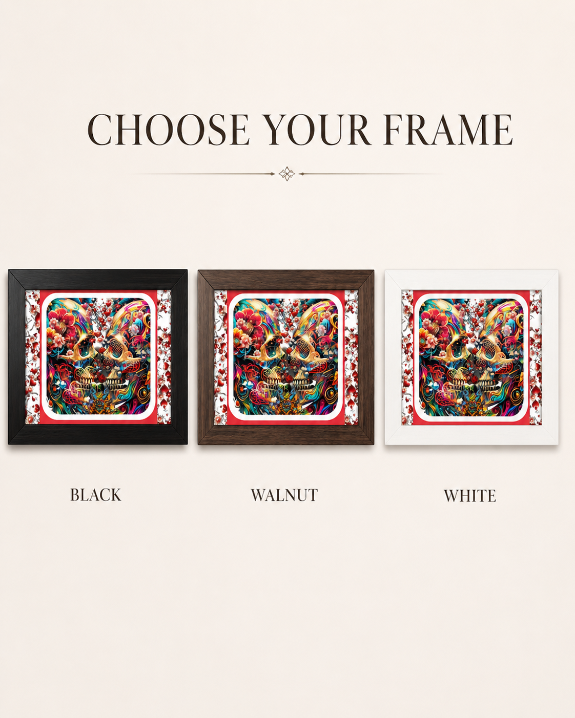 A product display showing three framed art prints with colorful mandala designs, labeled as options for frame color: Black, Walnut, and White. The image includes the text 'CHOOSE YOUR FRAME' at the top and the frame options labeled 'BLACK', 'WALNUT', and 'WHITE' at the bottom.