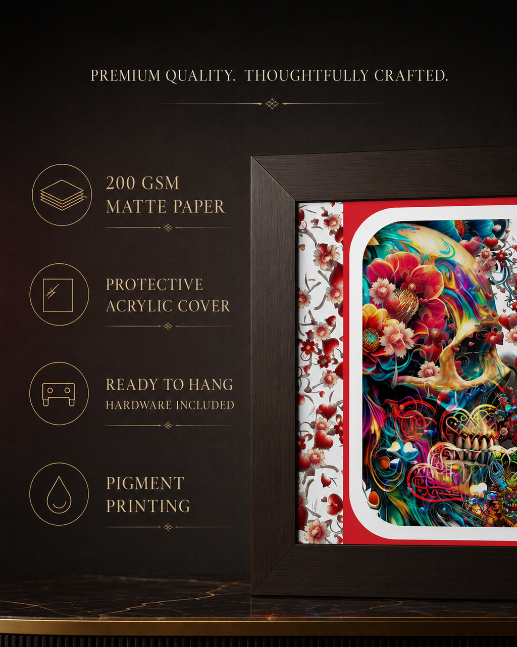 A framed colorful artwork displayed on a dark brown background with feature callouts. The product appears to be a framed print or wall art with a dark wood frame, white matting, and a vivid multicolor floral/skull-style design in red, blue, yellow, green, and pink.