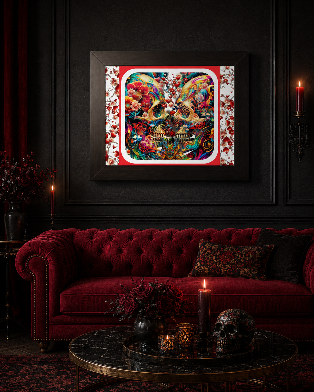 A framed colorful skull artwork hangs on a dark paneled wall above a red velvet sofa in a moody room with candles, flowers, and a skull on the table.