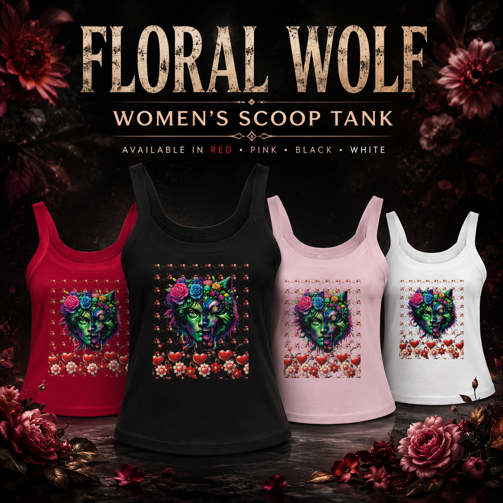 Four women's scoop tank tops are displayed side by side in red, black, pink, and white, each featuring a colorful floral wolf graphic. The image is set against a dark, gothic background with roses and gothic text reading 'FLORAL WOLF' and 'WOMEN'S SCOOP TANK'.