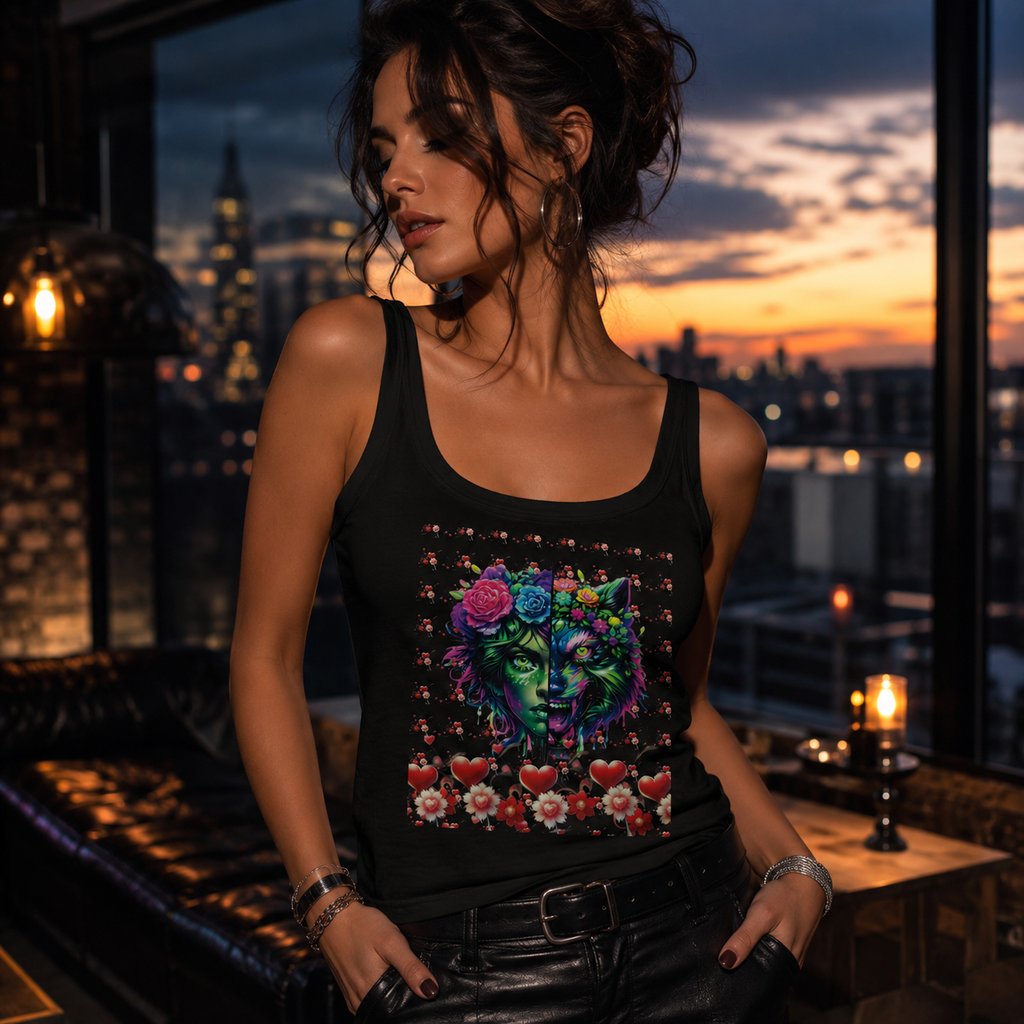 A woman wearing a black tank top with a colorful graphic print of a green face surrounded by flowers and hearts, posed in a dimly lit room with a city skyline at sunset visible through the window behind her.