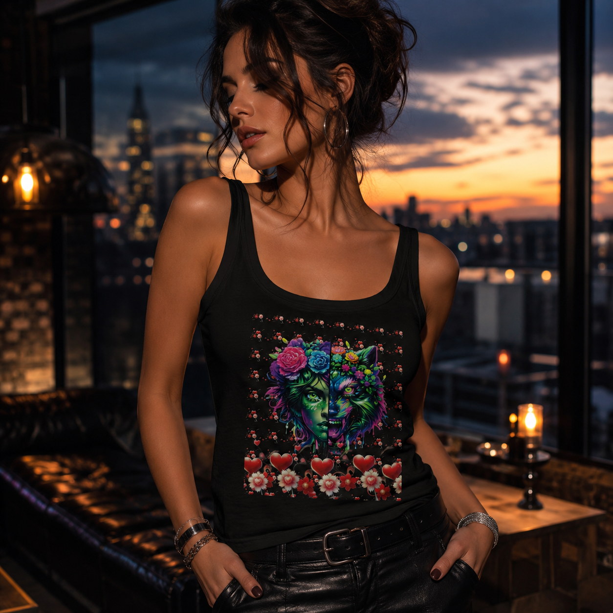A woman wearing a black tank top with a colorful graphic print of a green face surrounded by flowers and hearts, posed in a dimly lit room with a city skyline at sunset visible through the window behind her.