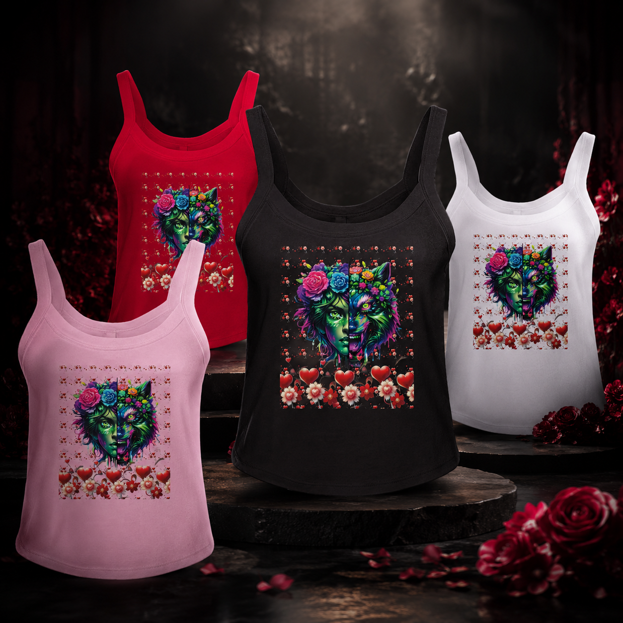 Four women's tank tops in pink, black, red, and white are displayed on a dark gothic set with roses. Each top features a colorful graphic of a woman's face surrounded by flowers and hearts.