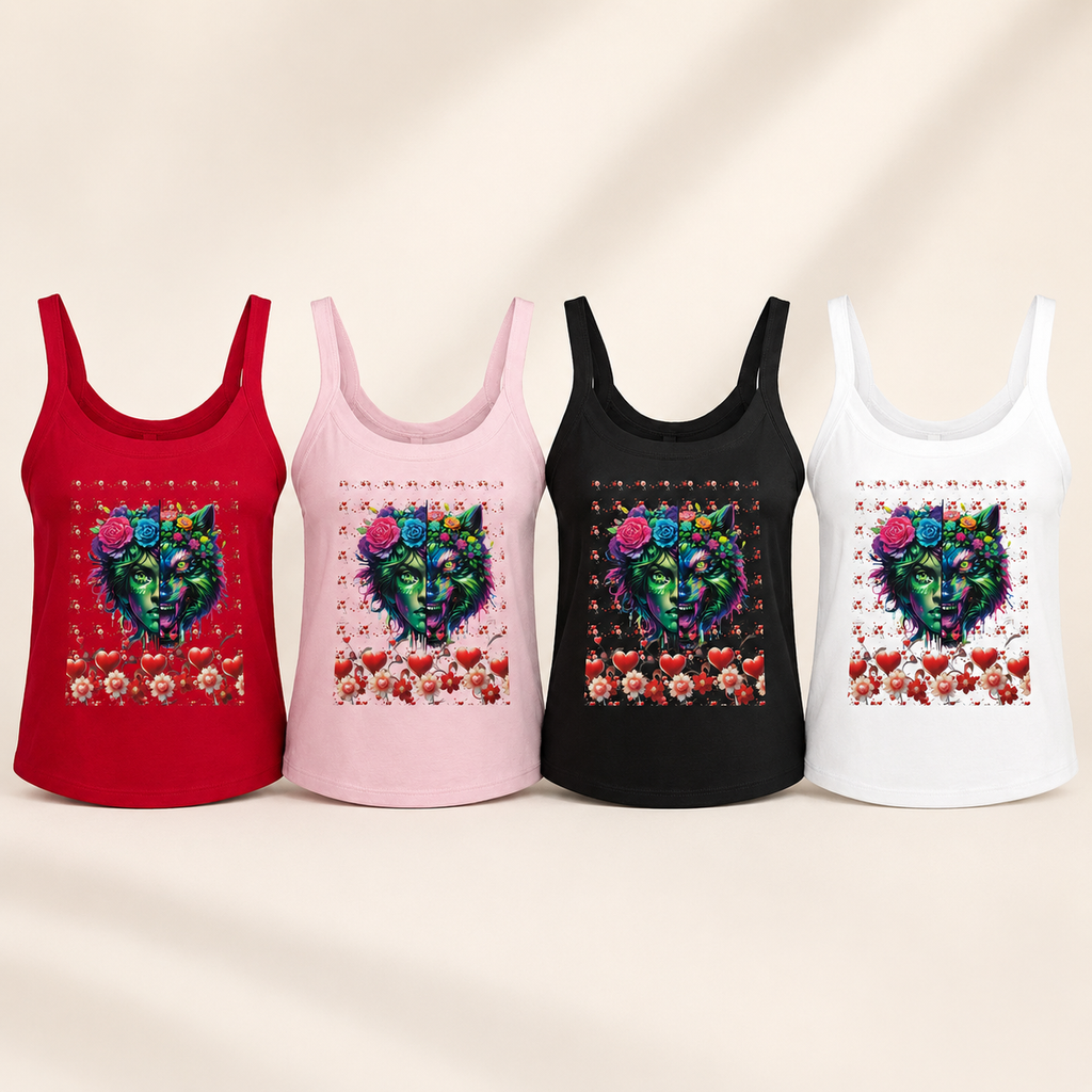 Four sleeveless tank tops displayed side by side in red, pink, black, and white, each featuring a colorful floral cat face graphic on the front over a floral pattern.