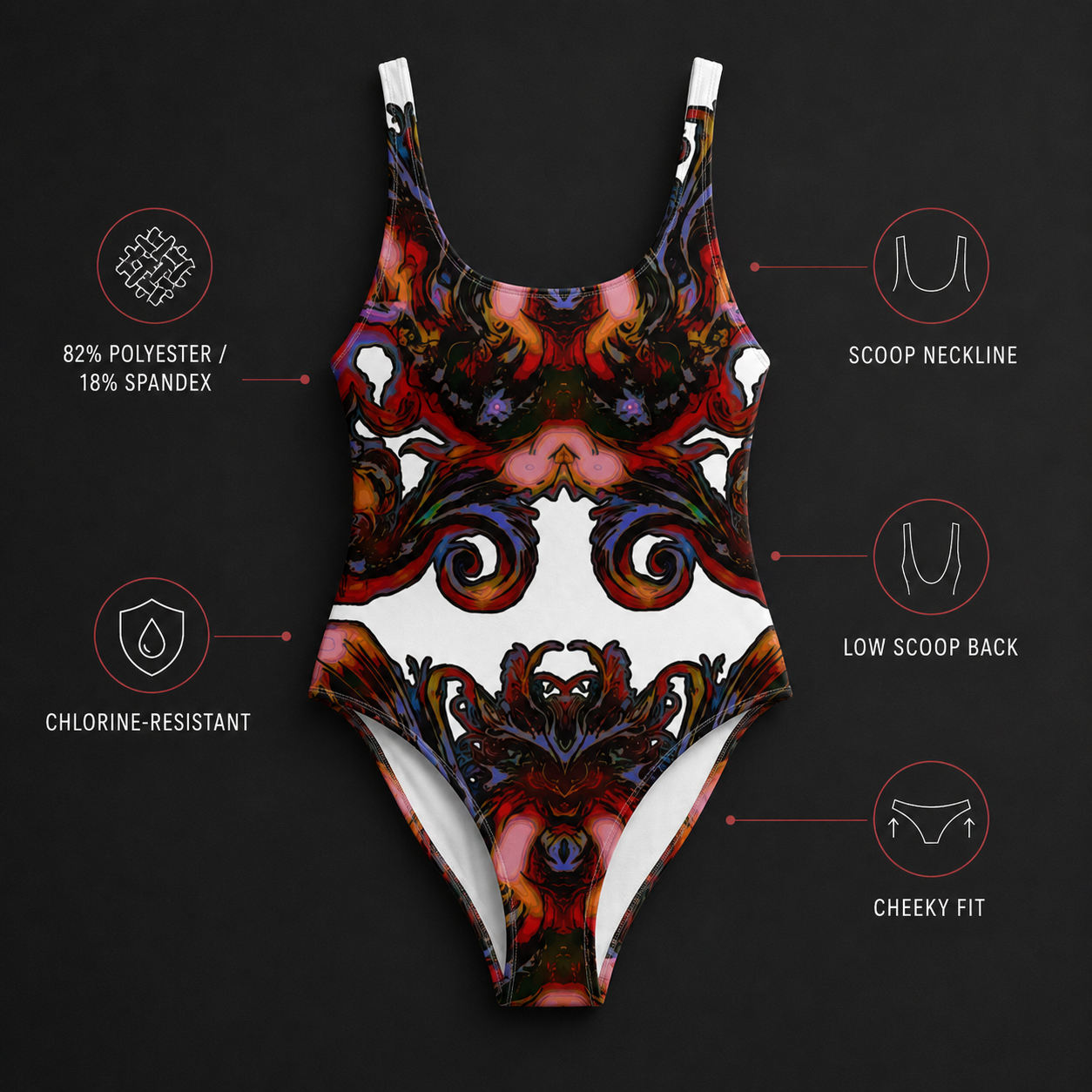A one-piece swimsuit with a vibrant, symmetrical psychedelic swirl pattern in red, orange, purple, and black on a white base. The image is presented on a dark background with callout graphics and text highlighting key features: '82% POLYESTER / 18% SPANDEX', 'CHLORINE-RESISTANT', 'SCOOP NECKLINE', 'LOW SCOOP BACK', and 'CHEEKY FIT'.
