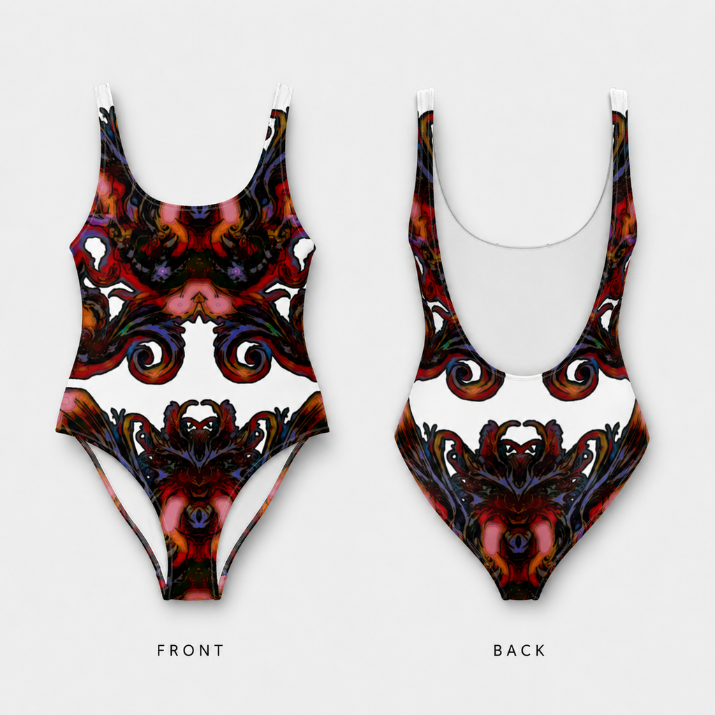 Front and back views of a one-piece swimsuit with a white background and a dark, ornate baroque-style abstract print in black, red, and purple tones.