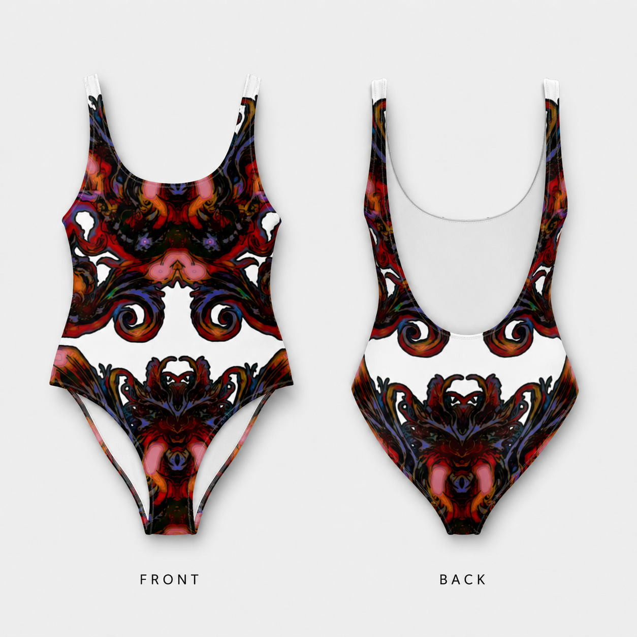 Front and back views of a one-piece swimsuit with a white background and a dark, ornate baroque-style abstract print in black, red, and purple tones.
