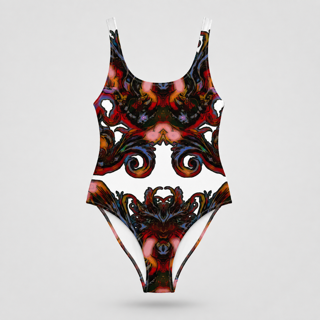 A one-piece swimsuit with a complex, symmetrical baroque-style pattern in red, orange, black, and blue, displayed on a neutral light gray background.