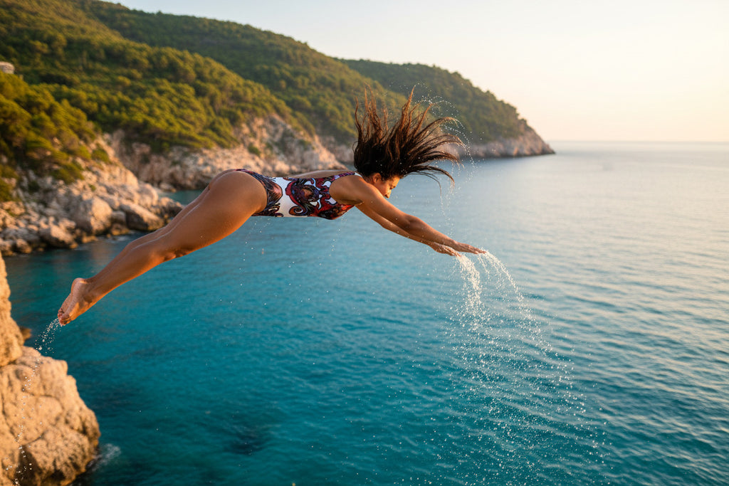 Person diving into the ocean from a cliff with a scenic background