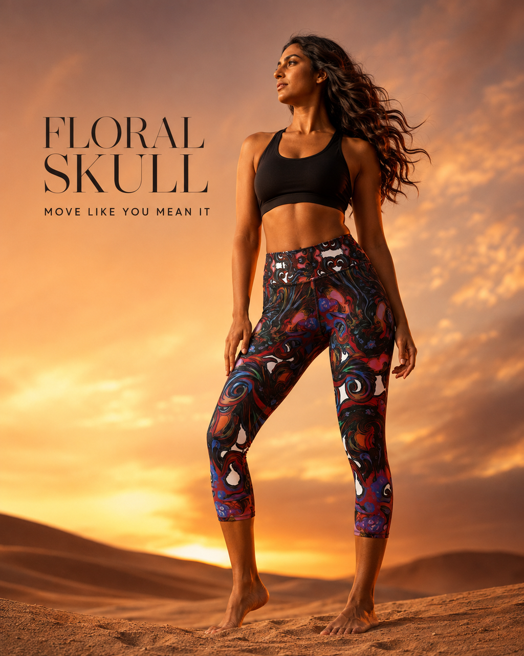 A woman stands barefoot on sand dunes at sunset wearing patterned leggings and a black sports bra, with the text 'FLORAL SKULL' and 'MOVE LIKE YOU MEAN IT' on the left.