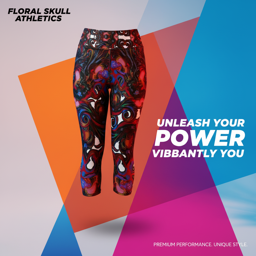 Colorful athletic pants on a geometric background with 'Floral Skull Athletics' branding.