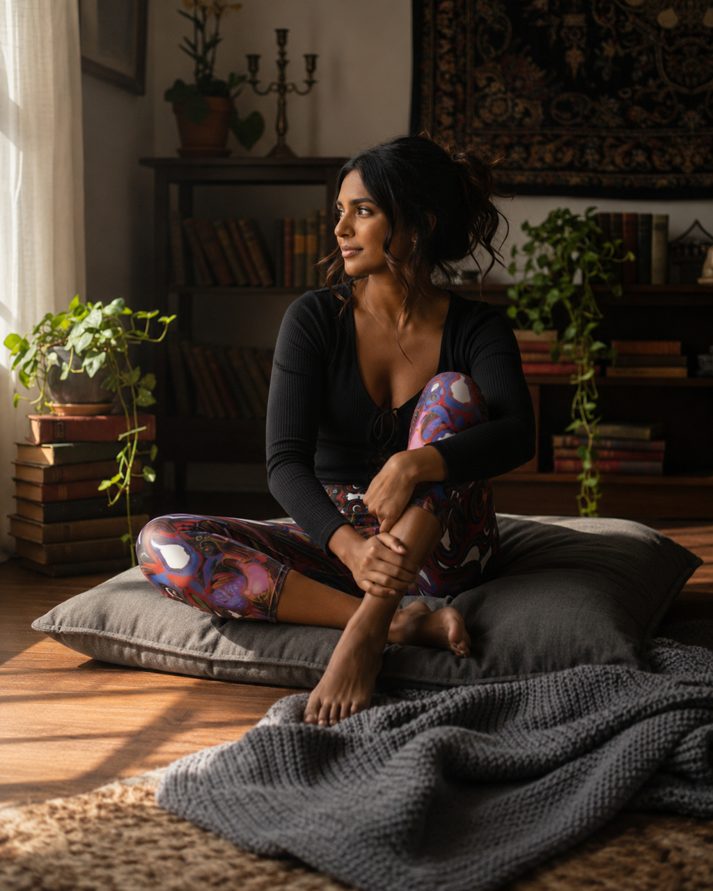 A woman sits cross-legged on a floor cushion in a cozy, sunlit room, wearing a black long-sleeve top and colorful patterned leggings. A gray knit blanket is draped in the foreground, with bookshelves and potted plants in the background.