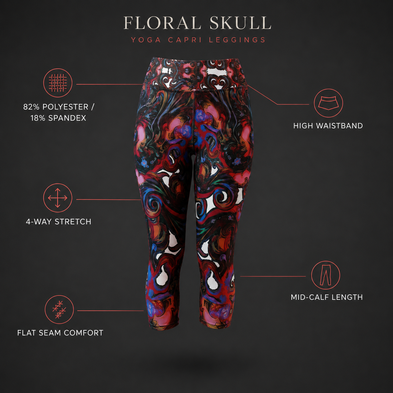 Floral skull yoga capri leggings displayed on a dark background with feature callouts. The leggings have a vibrant, swirling psychedelic floral and skull pattern in red, blue, black, and white.
