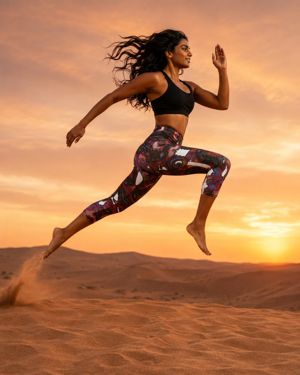 A woman jumps across sand dunes at sunset wearing a black sports bra and patterned leggings with red, purple, and white abstract designs.