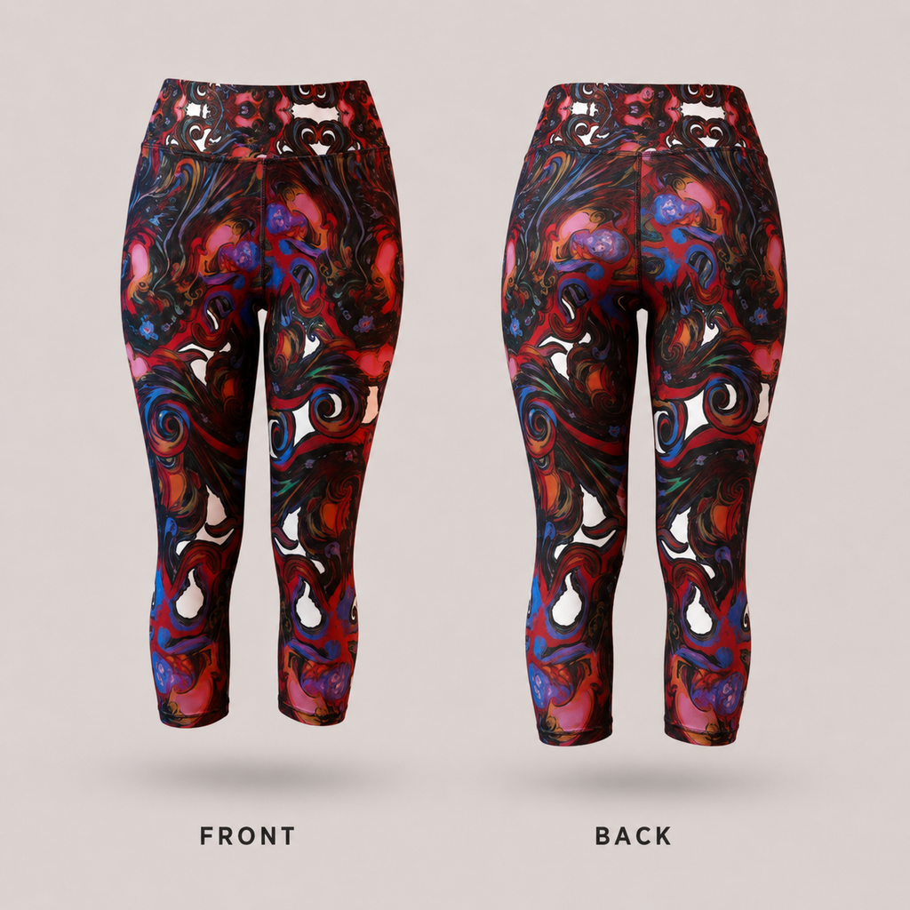Front and back views of high-waisted capri leggings featuring an abstract, swirling psychedelic pattern in red, blue, black, and white, set against a light gray background with 'FRONT' and 'BACK' labels.