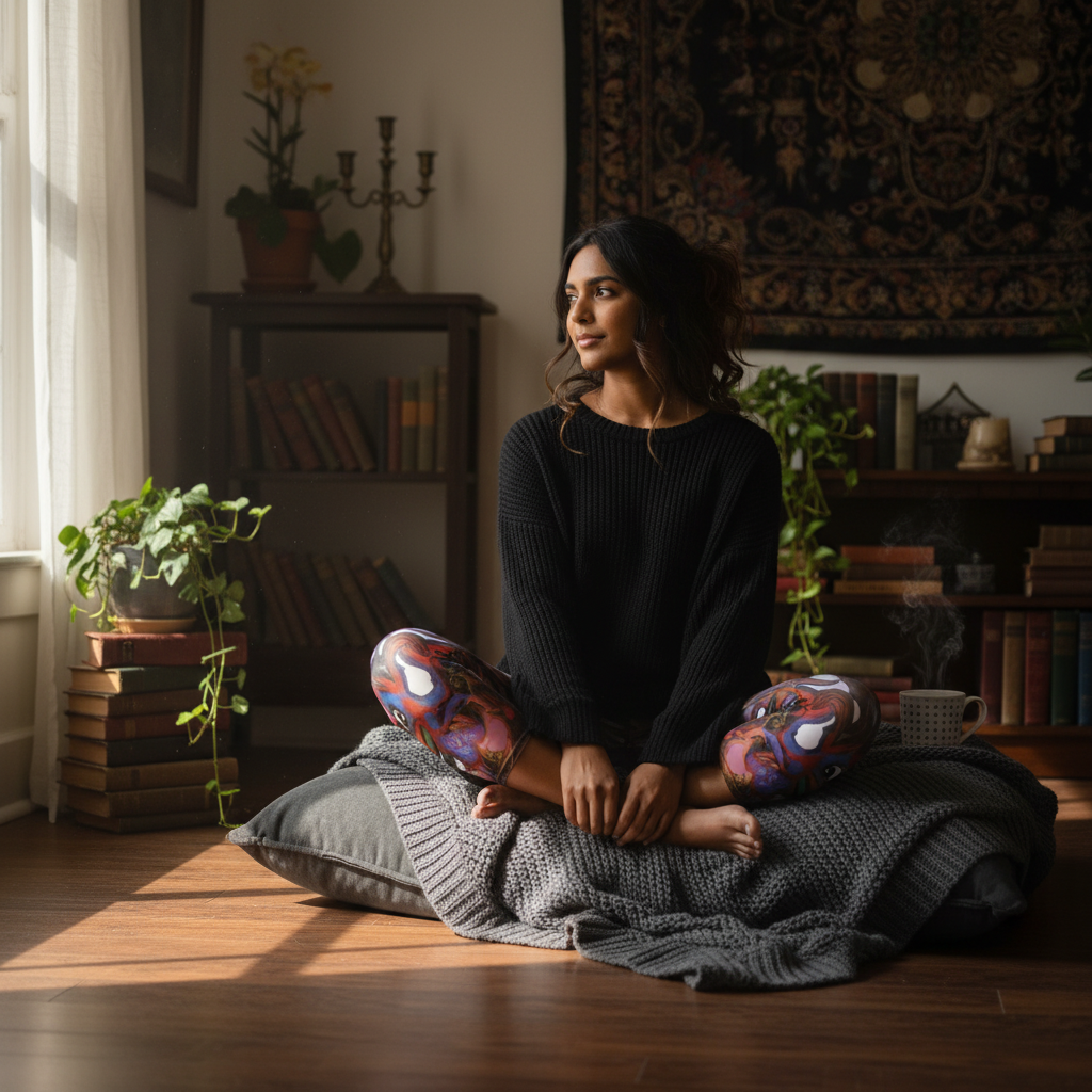 Woman sitting on a rug with colorful objects in a cozy room with books and plants.