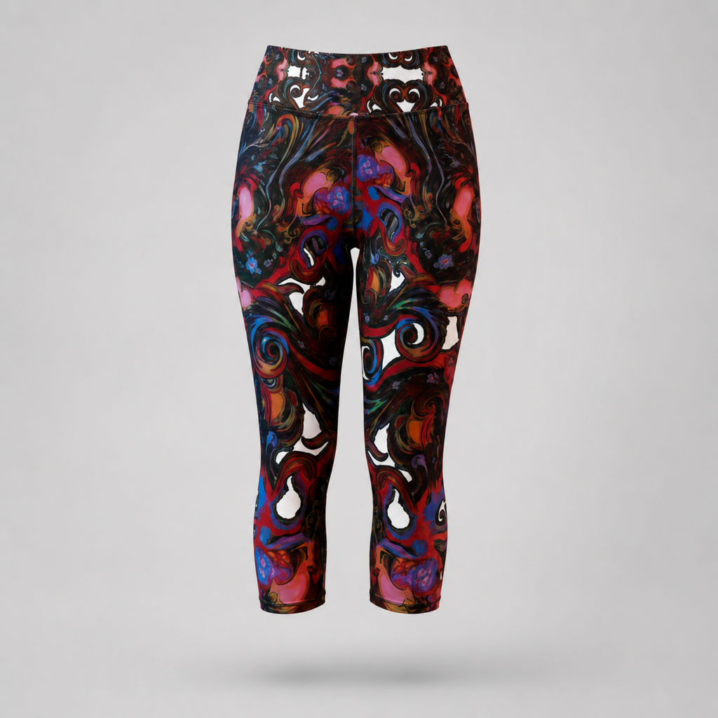 High-waisted capri leggings with an intricate, swirling abstract pattern in red, blue, purple, black, and white, shown against a neutral gray background.