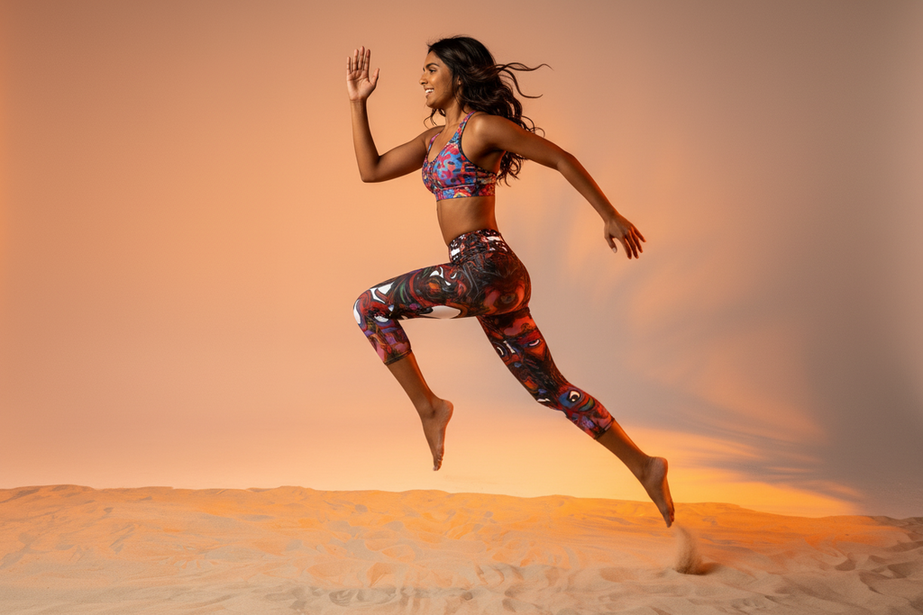 Woman in colorful athletic wear running on sand dunes with a sunset sky.