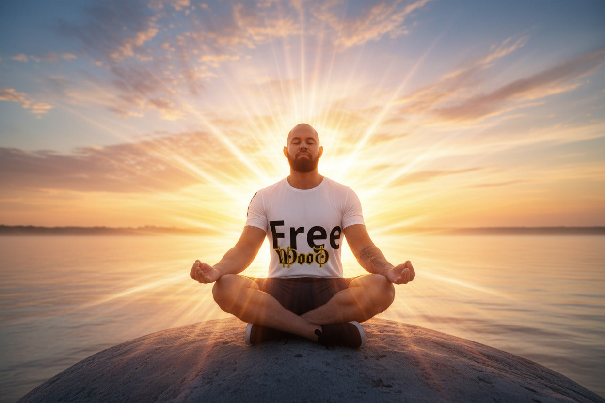 Man wearing a white t-shirt with 'Free' printed on it in a forest setting