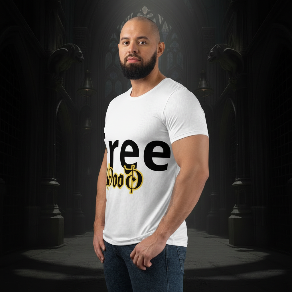 Man wearing a white t-shirt with 'Free Wood' text in front of gym weights.