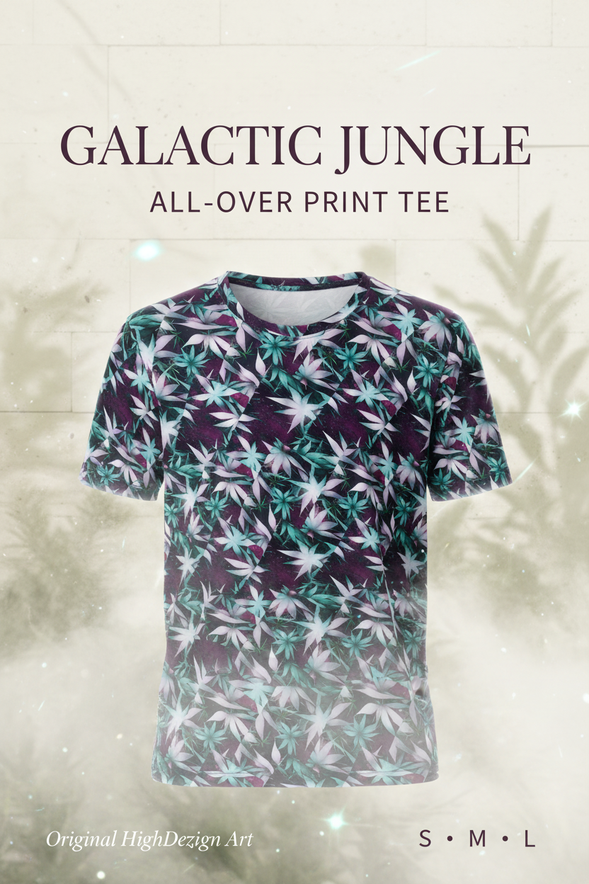 A short-sleeve crewneck t-shirt featuring an all-over 'Galactic Jungle' print with a gradient from a dark purple-black base to a light teal and white pattern. The shirt is displayed on a textured beige background with soft leaf shadows, accompanied by promotional text overlays.
