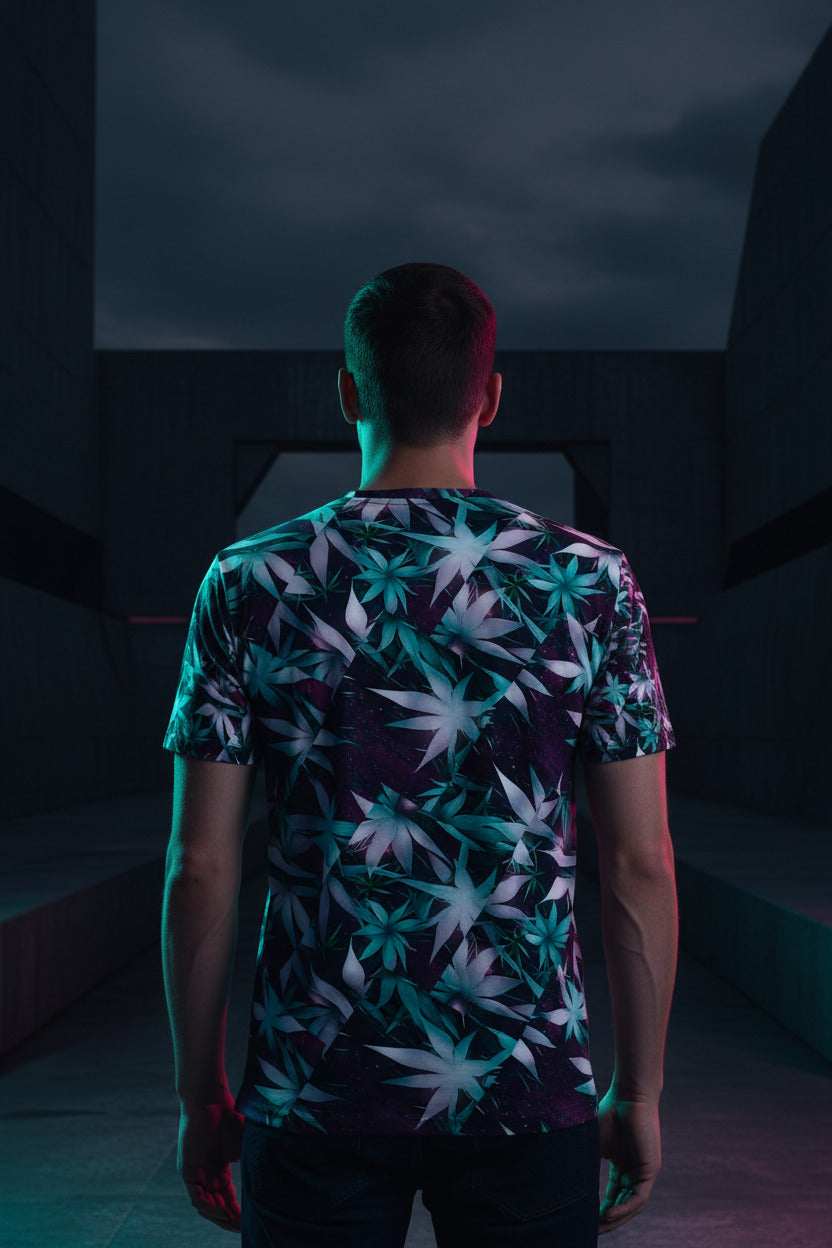 A man viewed from the back wearing a short-sleeve crewneck t-shirt with an all-over cannabis leaf pattern in purple, teal, and white, paired with blue jeans against a plain white background.