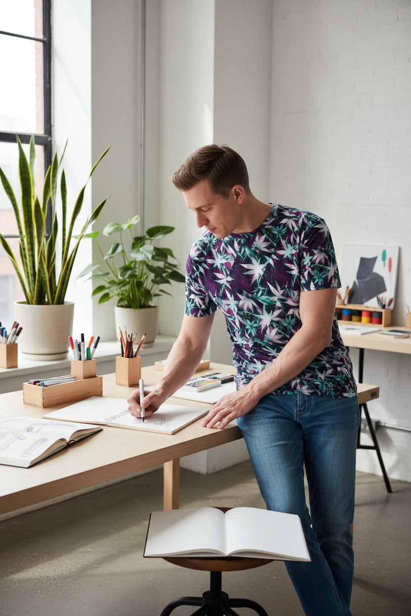 A man wearing a short-sleeve crewneck t-shirt with an all-over tropical floral print in purple, teal, and white, shown from a side profile against a plain white background.
