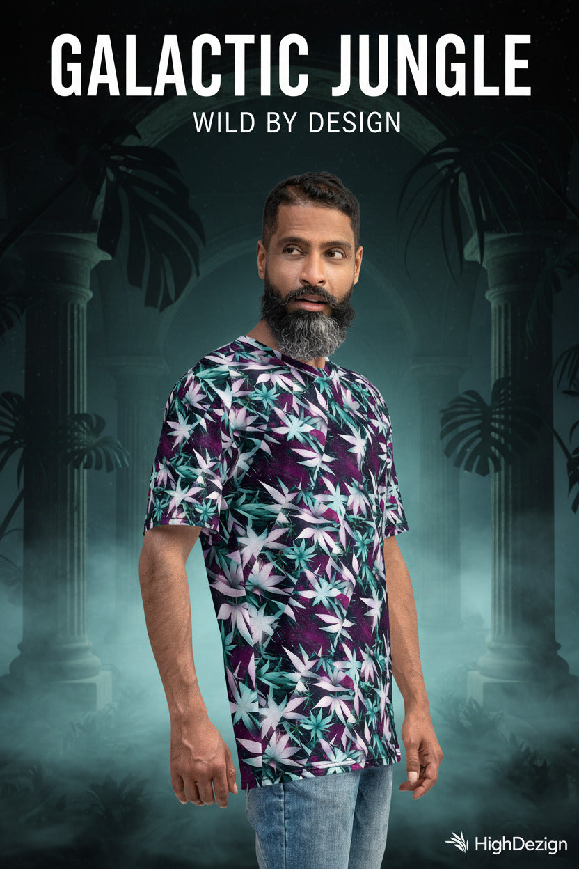 A man wearing a short-sleeve crewneck t-shirt with a purple, teal, and white leaf pattern, paired with blue jeans, set against a plain white background.