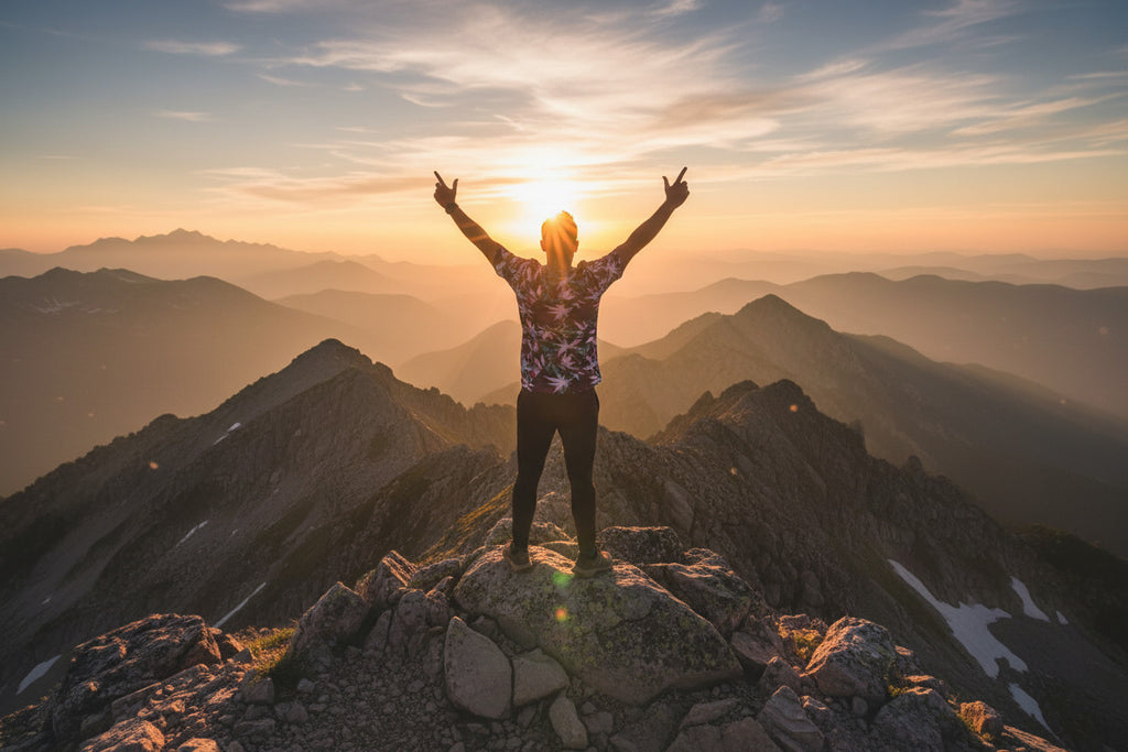 Person standing on a mountain peak with arms outstretched, enjoying a sunrise over the landscape.