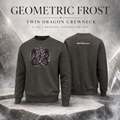 Two dark heather gray crewneck sweatshirts displayed front and back on a stone pedestal with smoky rock graphics. The front features a large detailed graphic of two dragons facing each other in blue, purple, and black tones.