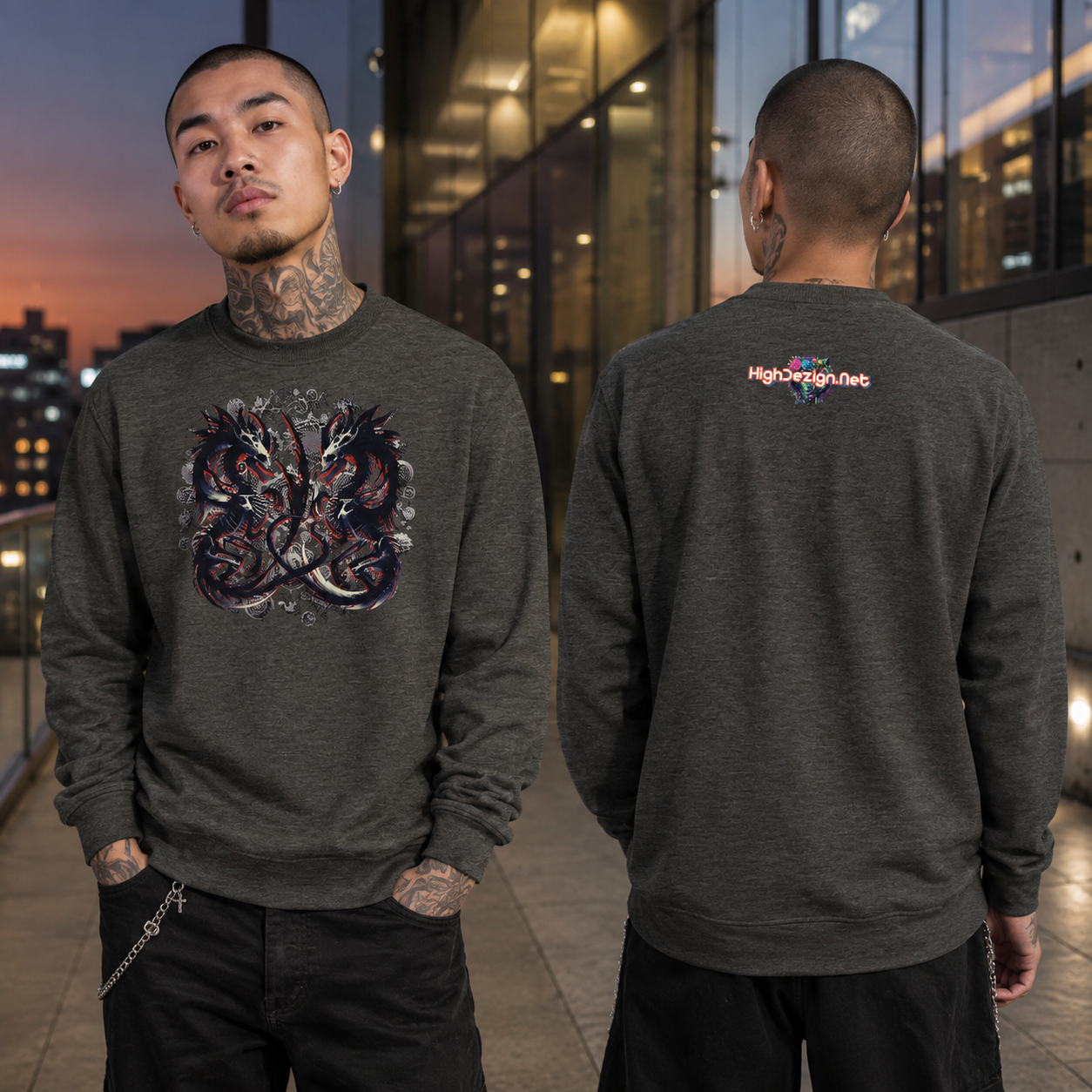 A man modeling a dark heather gray crewneck sweatshirt, shown from both the front and back. The front features a large graphic of two intertwined dragons in black, red, and blue.