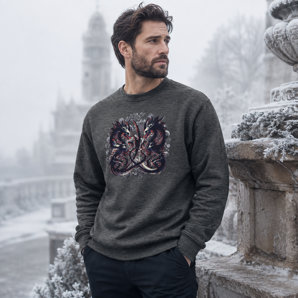 A man wearing a dark heather gray crewneck sweatshirt with a detailed graphic of two intertwined dragons on the chest, standing outdoors in a snowy, misty environment.
