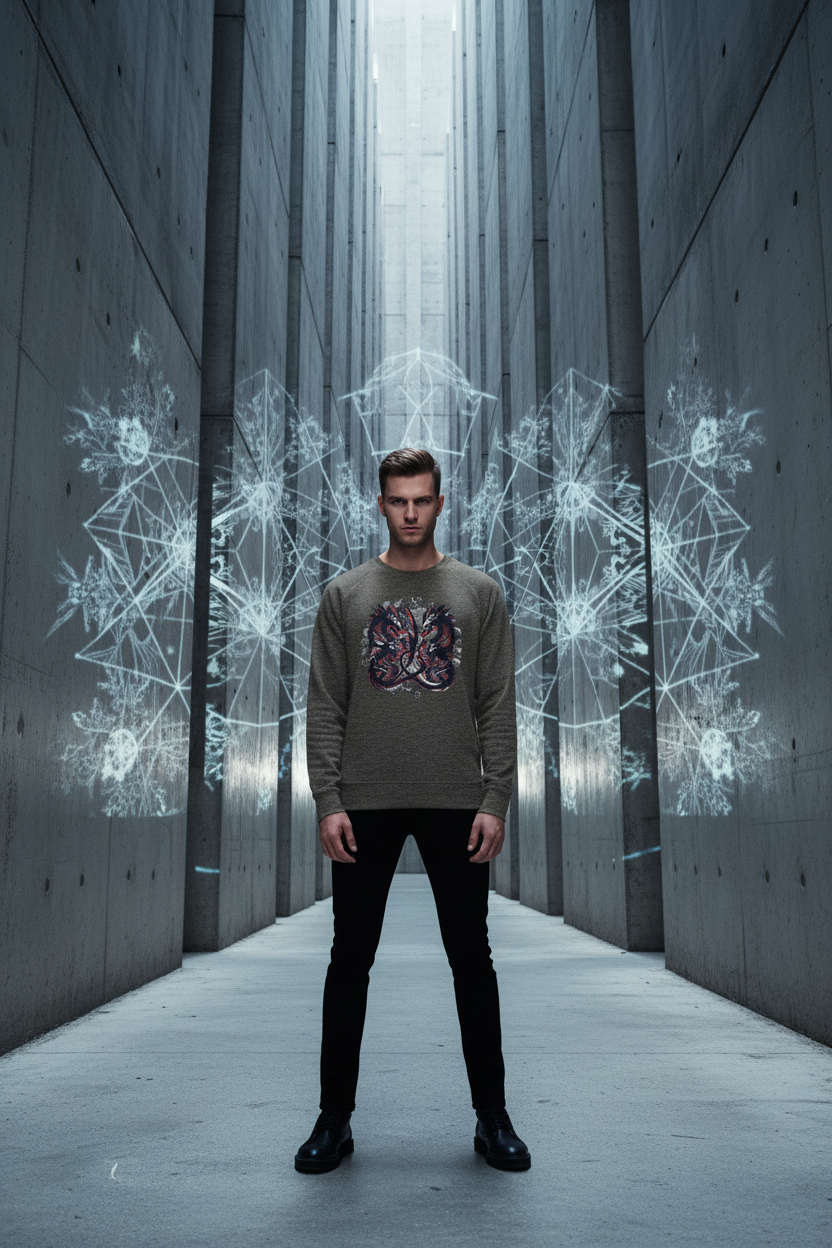 A man stands in a narrow concrete corridor wearing a muted olive-brown long-sleeve sweater with a colorful abstract graphic on the chest, black pants, and black shoes. White geometric light patterns project onto the walls behind him.