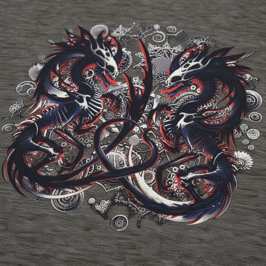 A close-up of a dark heather gray t-shirt featuring a detailed graphic print of two intertwined dragons in navy blue, red, and white, surrounded by intricate filigree patterns.