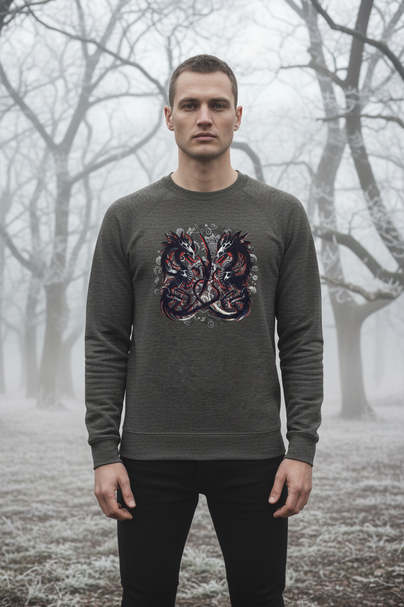 A man wearing a dark gray crewneck sweatshirt with a detailed graphic of two dragons facing each other, standing in a misty, foggy forest.