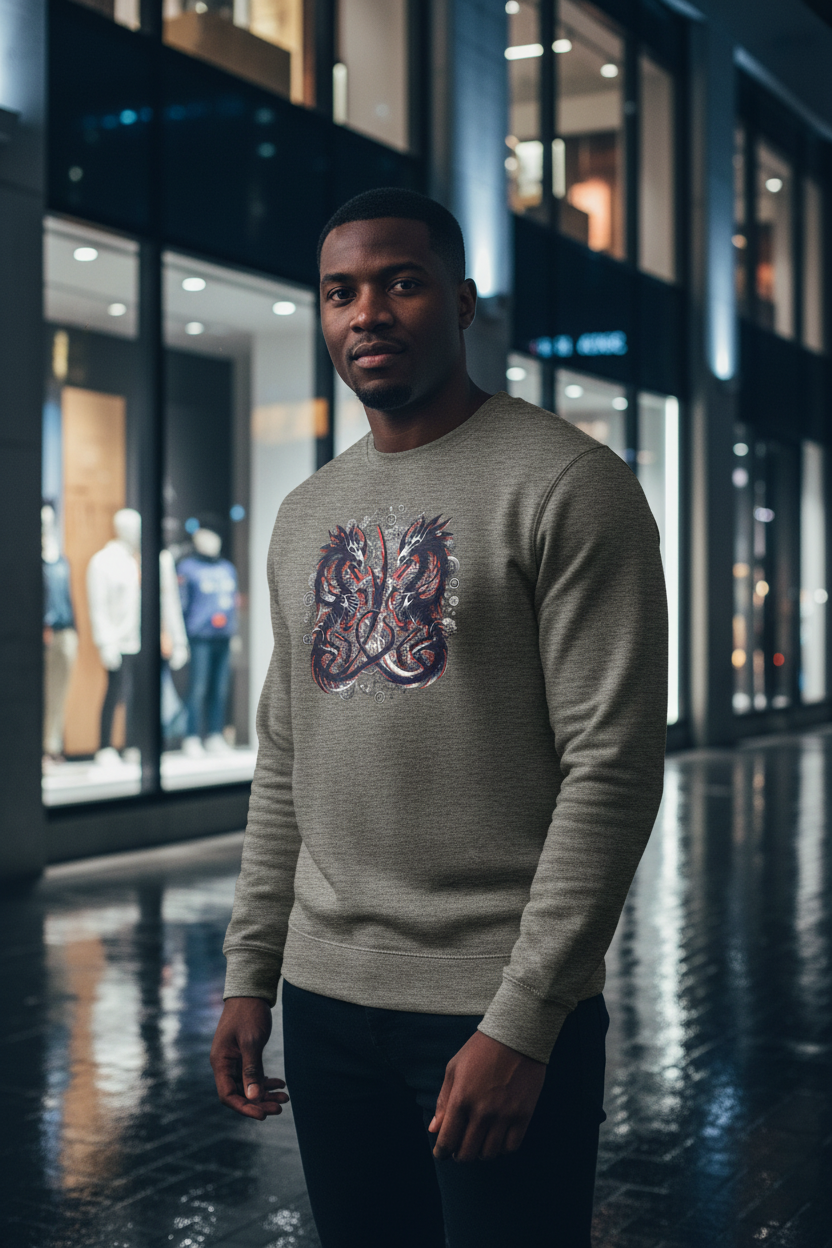 A man wearing a light gray crewneck sweater with a colorful graphic print on the chest, standing in a modern, dimly lit shopping mall corridor.