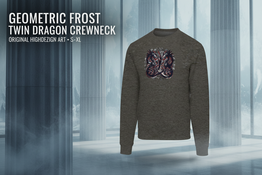 A dark heather gray crewneck sweatshirt with a detailed geometric dragon graphic on the chest, displayed against a misty, modern architectural background with text overlay on the top left.