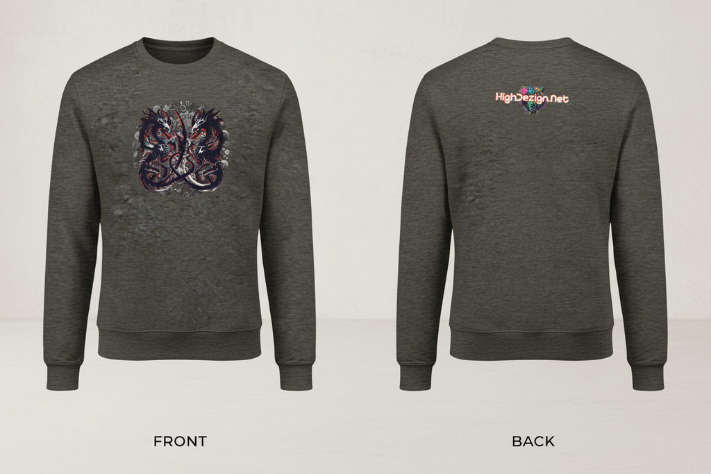 A dark heather gray crewneck sweatshirt shown from both front and back. The front features a large graphic print of two intertwined dragons in blue, purple, and red.