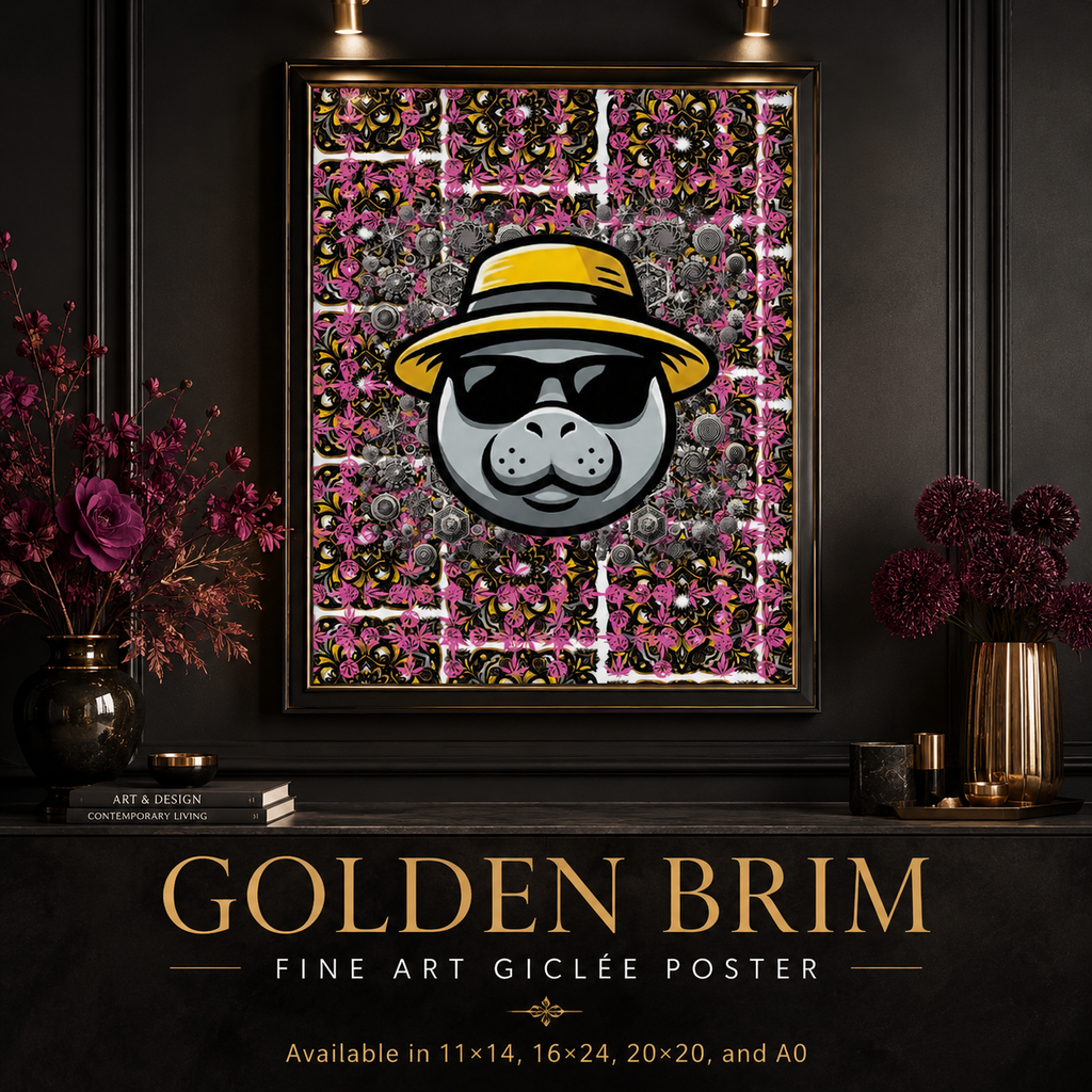A framed art poster displayed on a dark shelf in a styled interior. The poster features a stylized cartoon dog face wearing a yellow hat and black sunglasses, set against a busy pink, purple, and gray floral pattern.