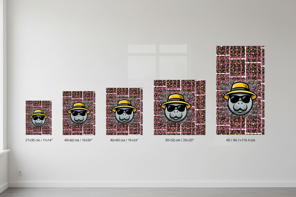Five rectangular wall art prints with a repeating pink floral pattern and a central cartoon dog face wearing a yellow hat and black sunglasses, shown in ascending sizes on a white wall with size labels beneath each print.