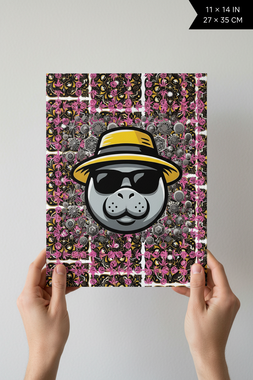A person holds a rectangular art print against a light gray wall. The print features a stylized gray cat face wearing a yellow hat and black sunglasses, set against a pink, black, and white patterned background.