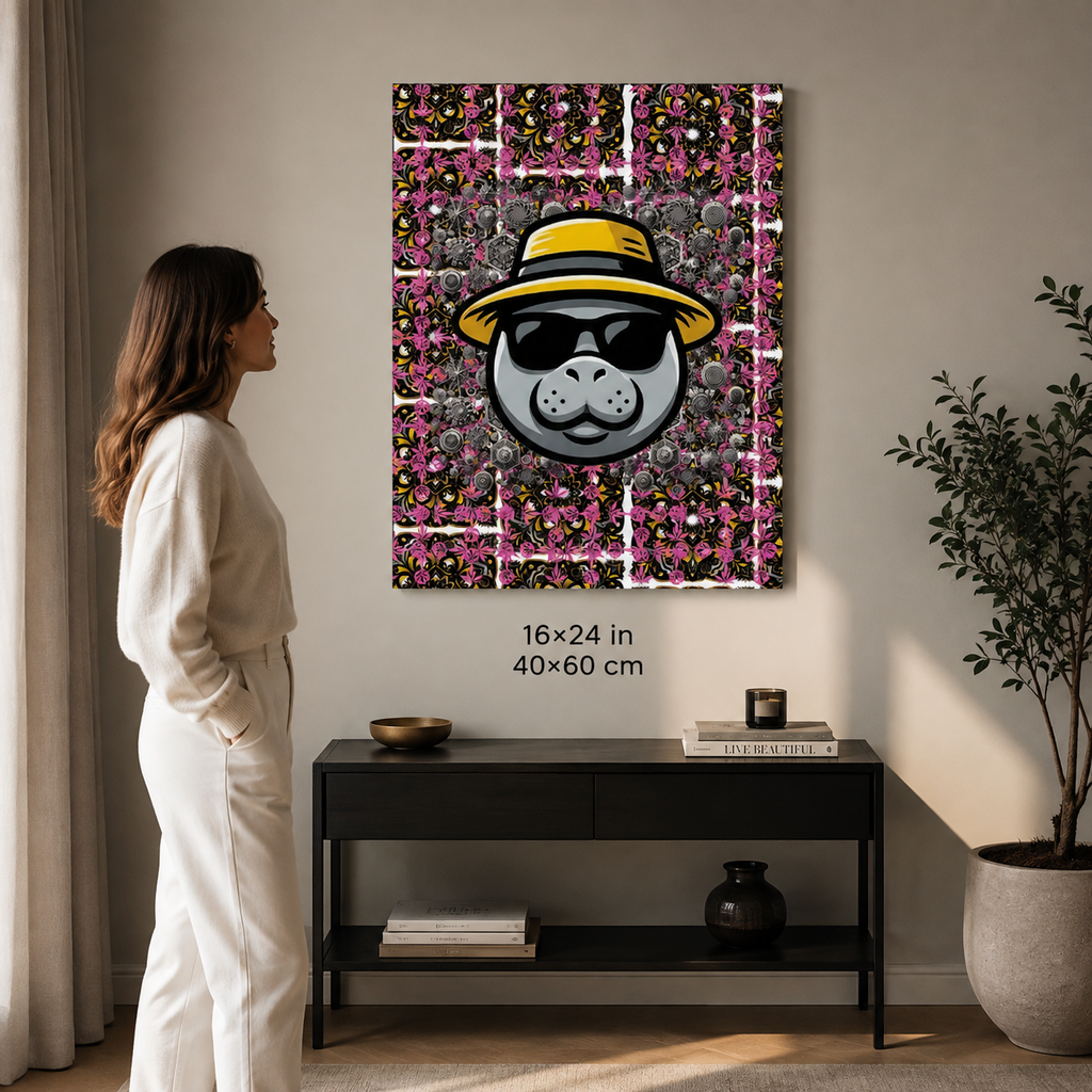 A woman in a cream outfit stands beside a wall-mounted canvas print in a modern room. The artwork shows a stylized panda face wearing a yellow hat and black sunglasses against a pink, black, and white patterned background.