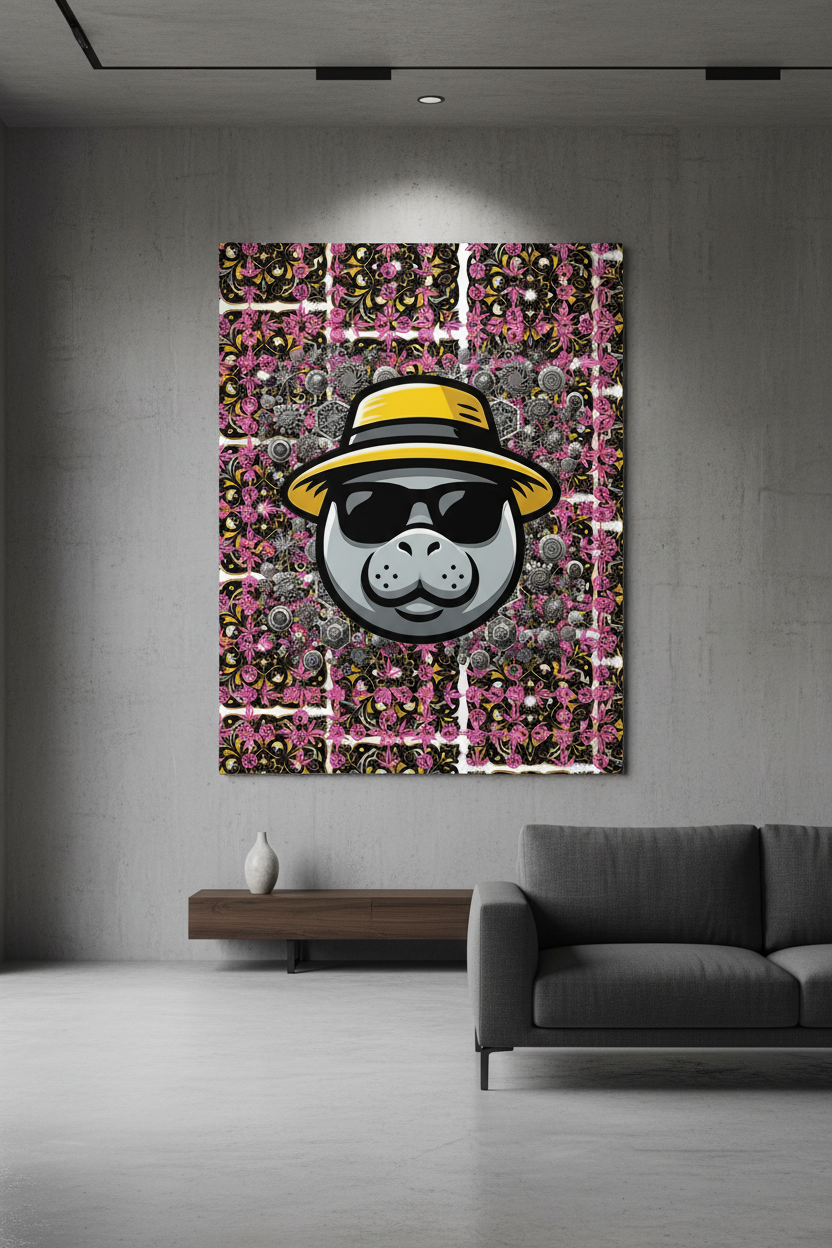 A large vertical canvas wall art print featuring a stylized gray cat face wearing a yellow hat and black sunglasses, set against a pink and black patterned background. The canvas is displayed in a modern living room setting on a gray concrete wall above a dark gray sofa.