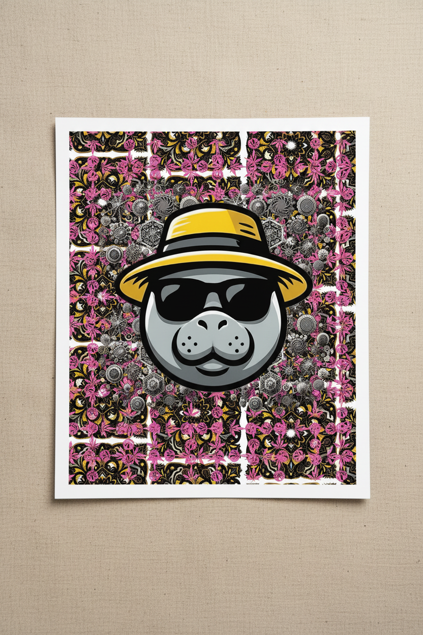 A square art print featuring a stylized gray animal face wearing a yellow and black hat and dark sunglasses, set against a pink, black, and gray patterned background. The print is displayed flat against a textured beige fabric background.