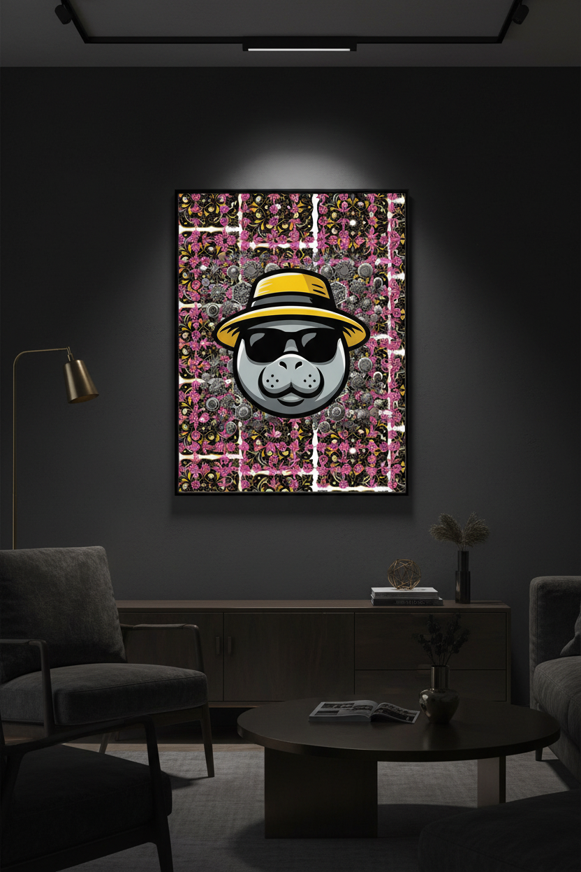 A framed wall art print hangs in a dark modern living room. The artwork shows a stylized panda face wearing a yellow hat and black sunglasses against a pink, white, and black patterned grid background.