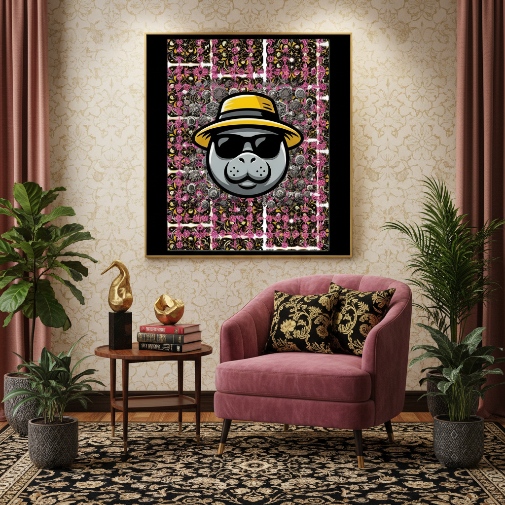 A framed wall art print featuring a cartoon cat face wearing a yellow hat and black sunglasses, set against a busy pink and black patterned background. The frame hangs on a beige patterned wall above a pink armchair with decorative pillows, flanked by potted plants and a side table in a styled room.