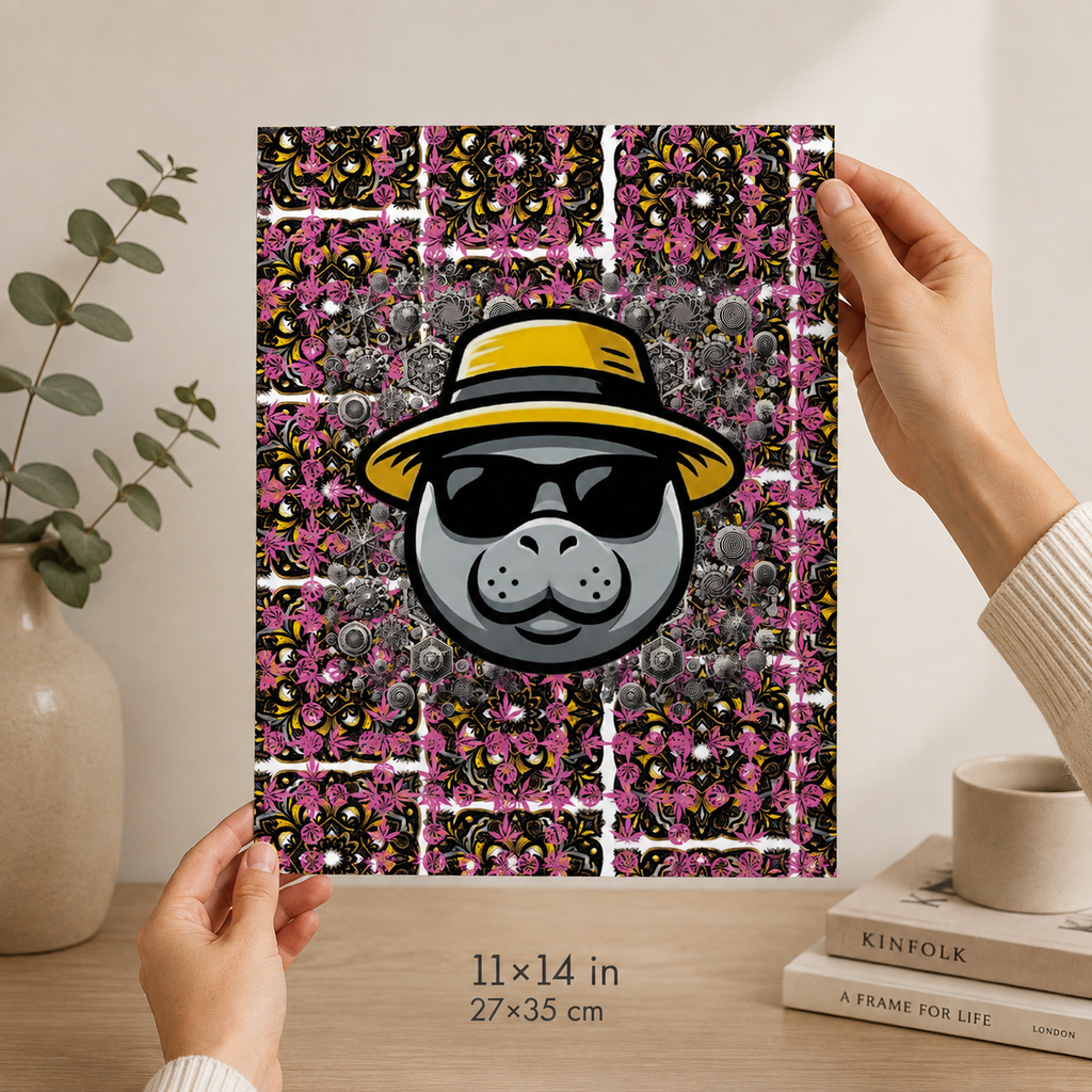 A person holds up a vertical art print featuring a cartoon cat face wearing a yellow hat and black sunglasses, set against a pink and gray floral pattern. The print is shown in a styled home setting on a wooden table next to a vase and books, with dimensions '11 x 14 in' and '27 x 35 cm' printed below.