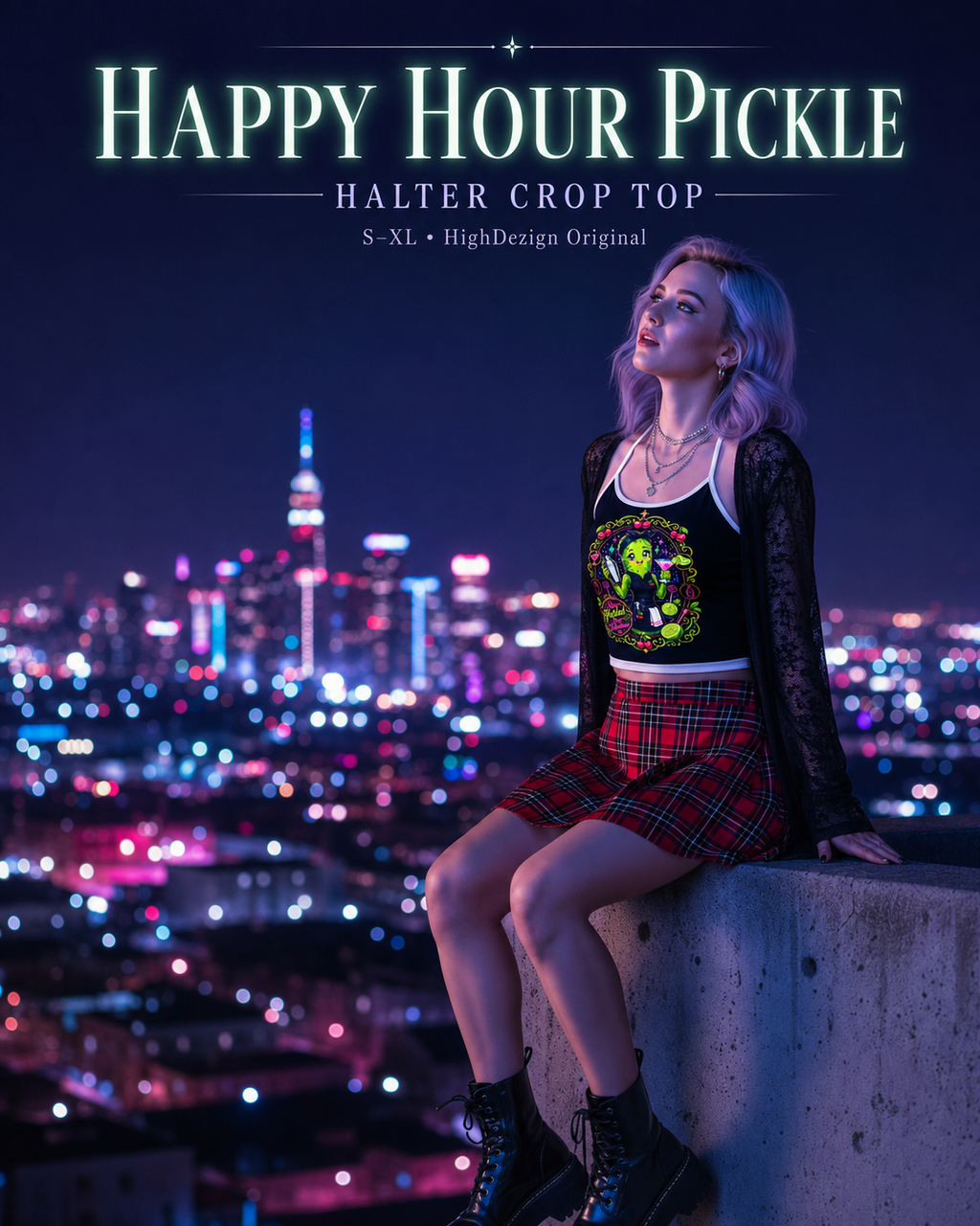 A model wearing a graphic crop top and plaid skirt sits on a concrete ledge overlooking a vibrant city skyline at night. The text at the top reads 'Happy Hour Pickle Halter Crop Top S-XL HighDesign Original'.